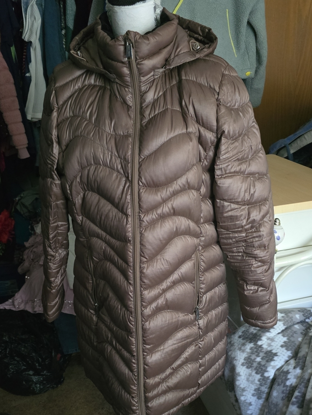 Andrew Marc Women's Light Brown Quilted Long Puffer Coat with Hood
